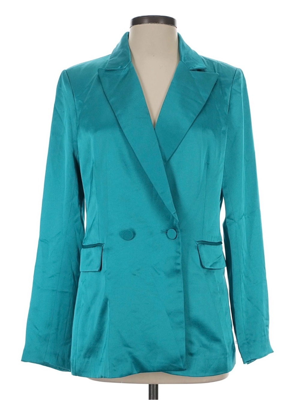 House of Harlow 1960 Teal Satin Double-Breasted Blazer